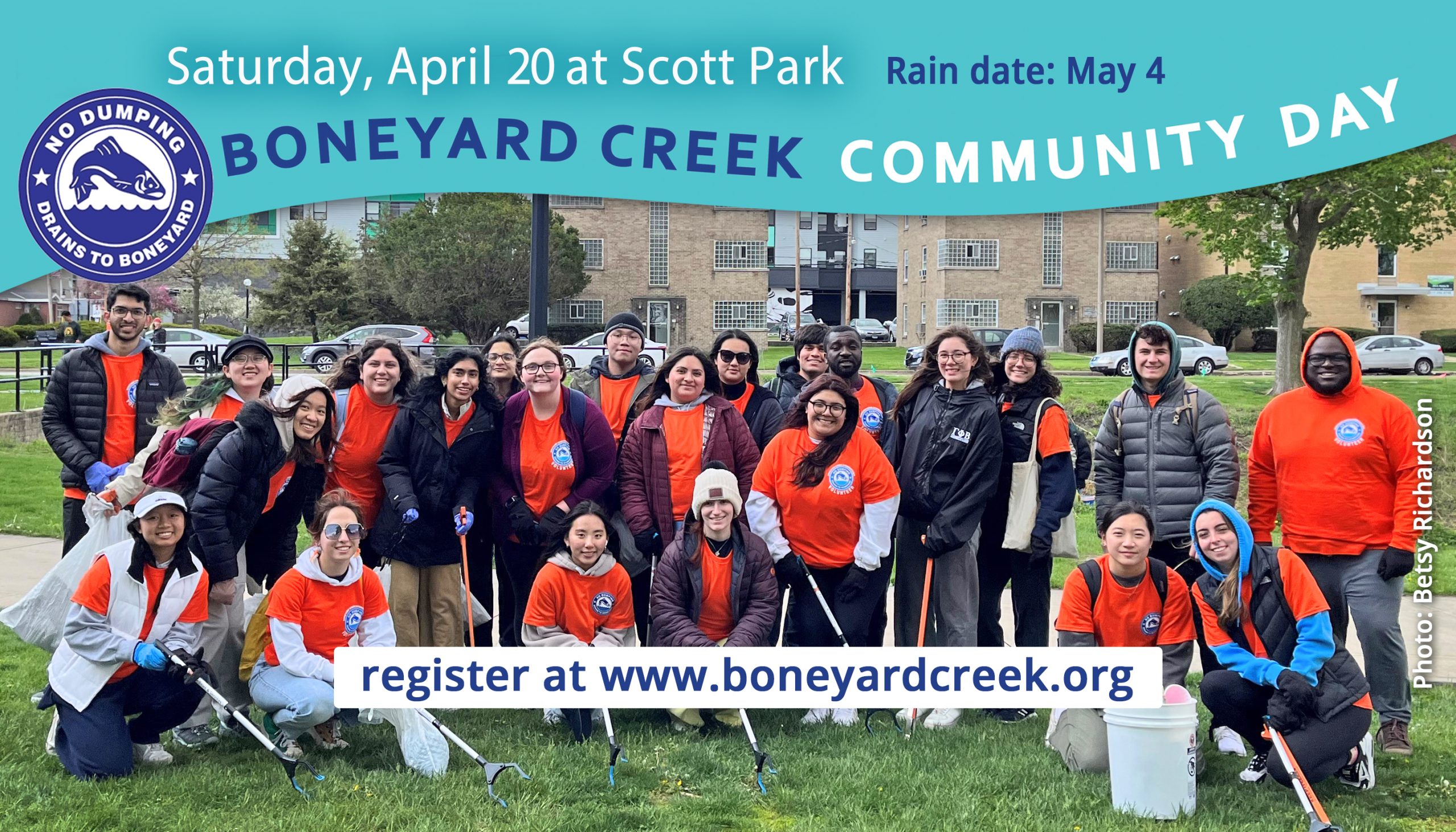 Boneyard Creek Community Day 2024. Saturday, April 20 at Scott Park. Register at www.boneyardcreek.org. Rain date: May 4