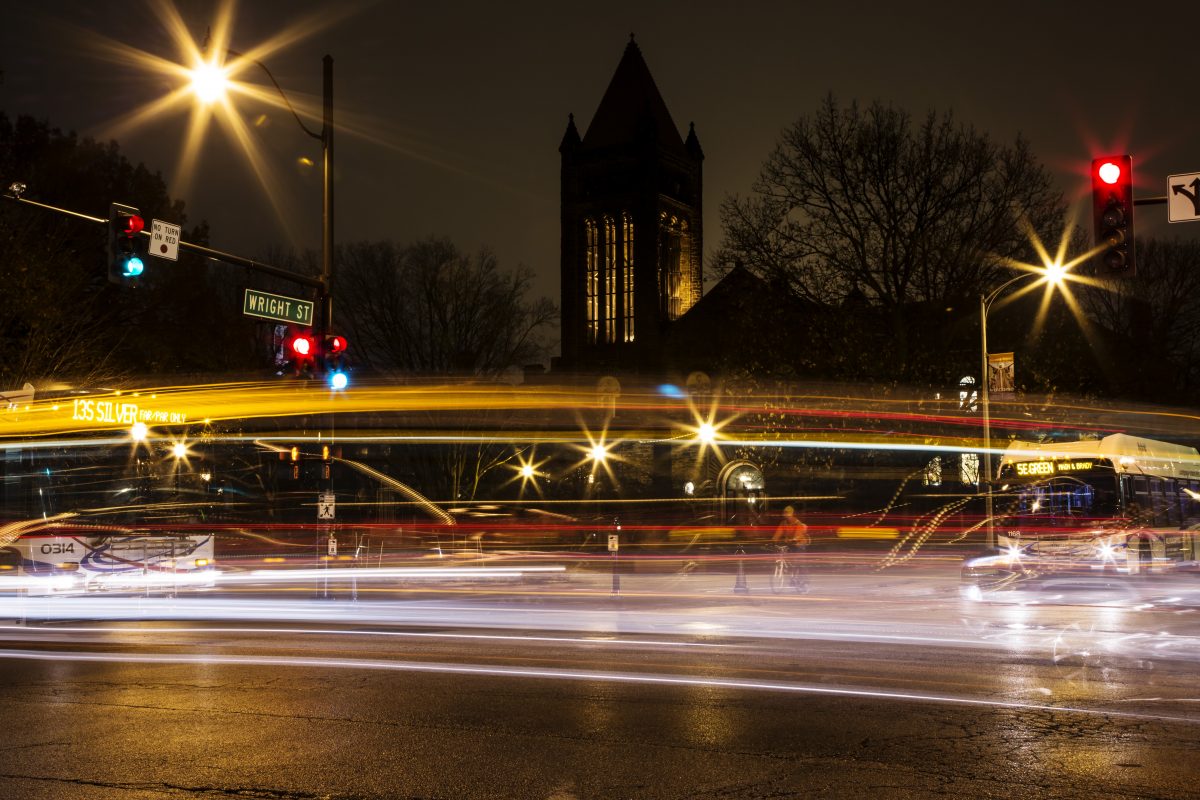 Evening at the corner of Wright and Green Streets, Campustown.