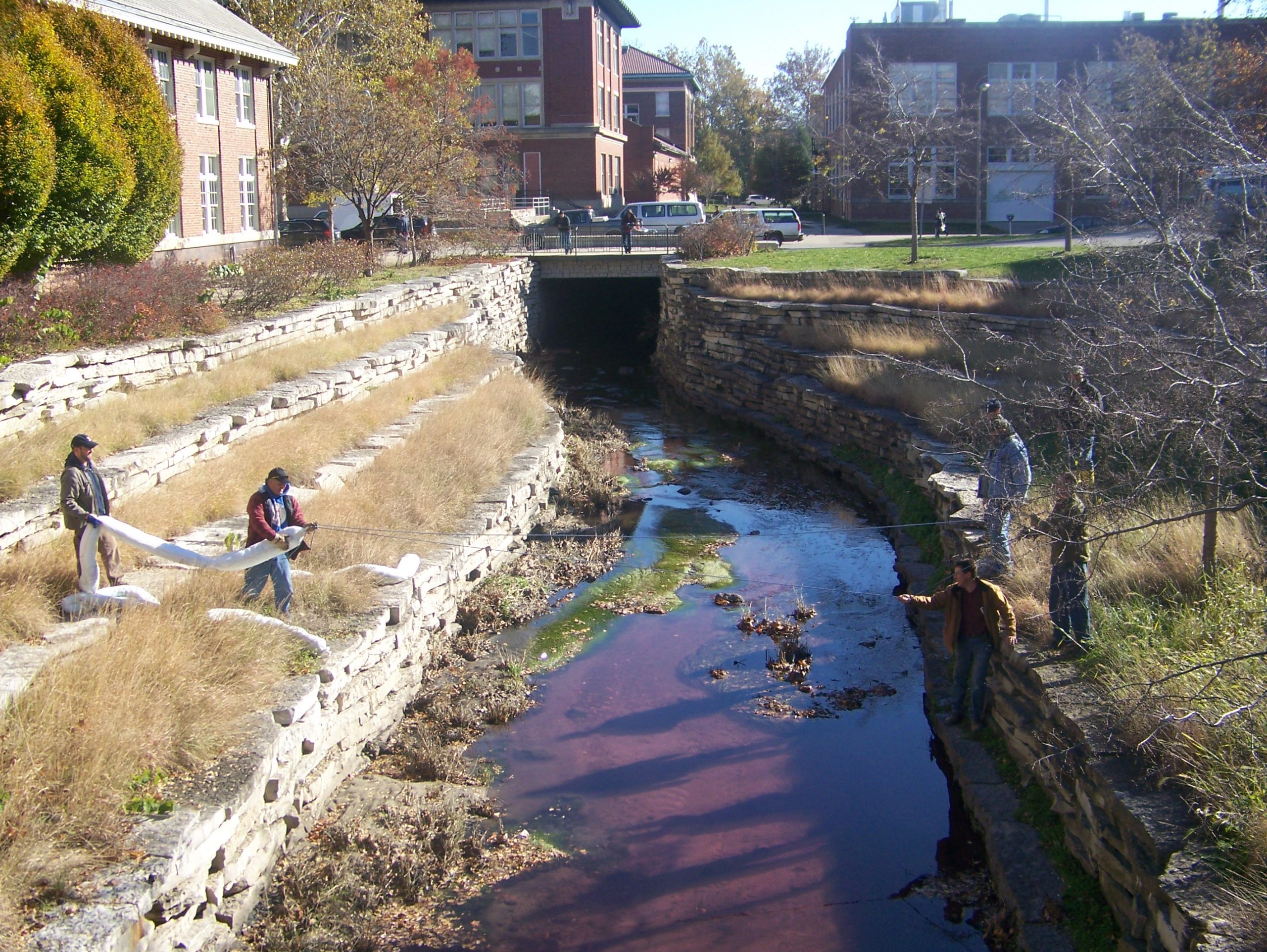 Image of the Boneyard Creek with dye under simulated Spill Containment Exercise conditions