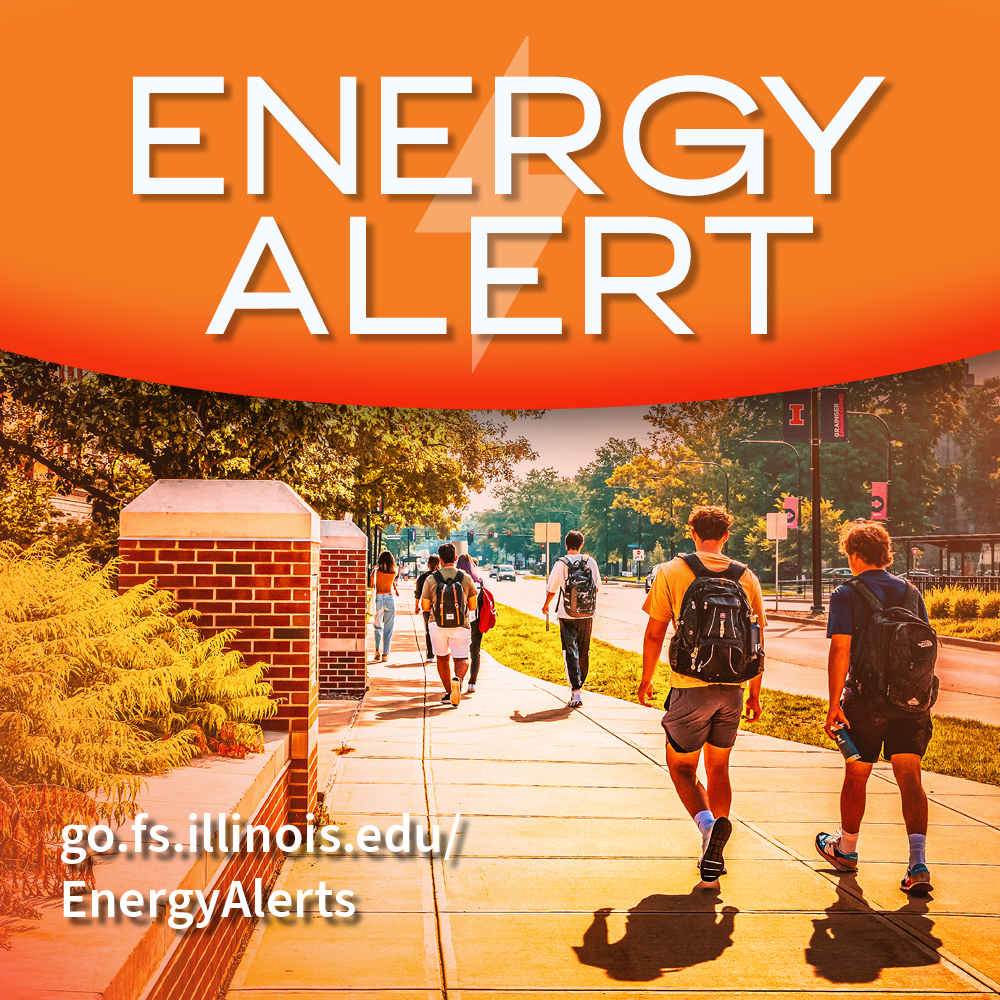 Energy Alert Notification that shows students walking on campus in the summer
