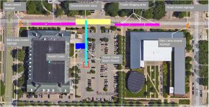 The Map shows the temporary closure of Gregory Drive from Fourth Street to Sixth Street for construction work at the Steven S. Wymer Hall site.