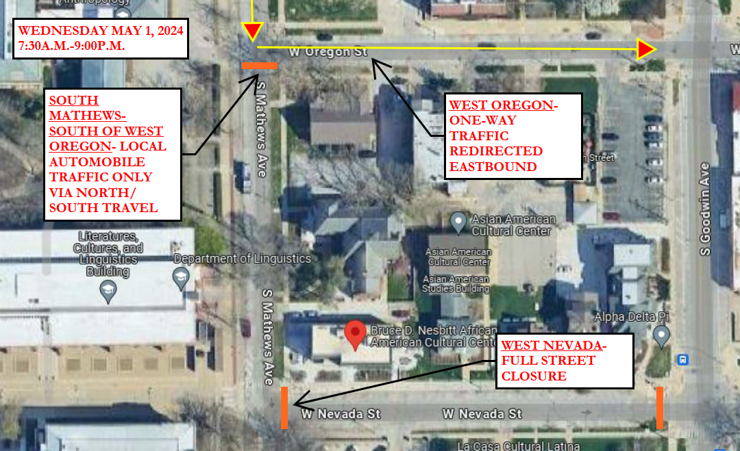 South Mathews, South of West Oregon, - Local Automobile Traffic Only Via North/South Travel ---- West Oregon, One-Way Traffic Redirected Eastbound --- West Nevada Full Street Closure