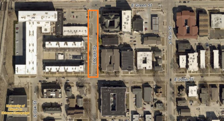 Map showing the northbound and southbound closure of Locust Street between Green Street and John Street in Campustown
