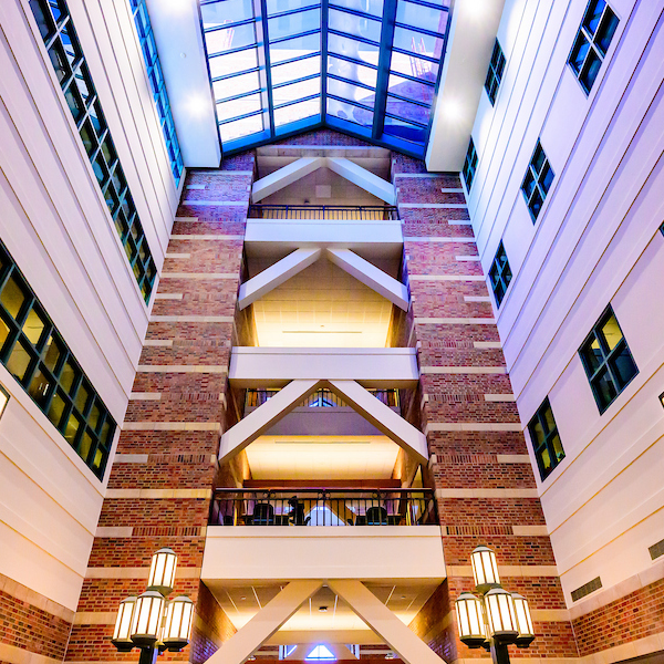 The inside of the Beckman Institute for Science and Technology - a view of the atrium up to the glass ceiling
