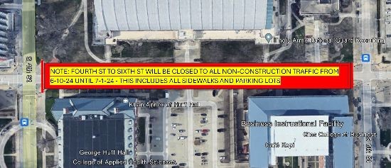 Gregory Dive will be closed from Fourth Street to Sixth Street. The map image shows this general full closure area.