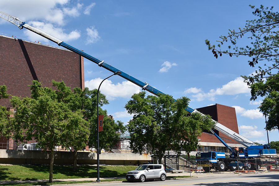 Roof work on the Krannert Center for the Performing Arts