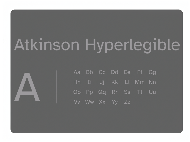 Atkinson Hyperlegible is the Braille Institute’s recommended typeface for the visually impaired. Use this typeface when creating materials specifically for audiences with visual impairments. Examples of each letter of the font are displayed.