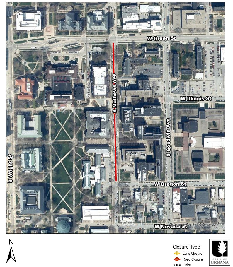 Mathews Avenue closure shown from Green Steet to Oregon Street in Urbana from an aerial perspective.