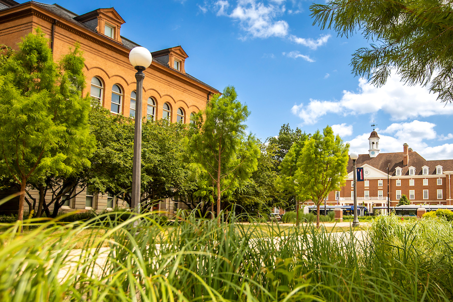 The west side of Engineering Hall with the Illini Union in the background. The angle of the shot shows landscaping outside of the facility in the foreground