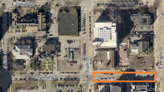 Aerial map that shows a partial closure of Chalmers between Wright and Sixth Street where westbound traffic will be maintained