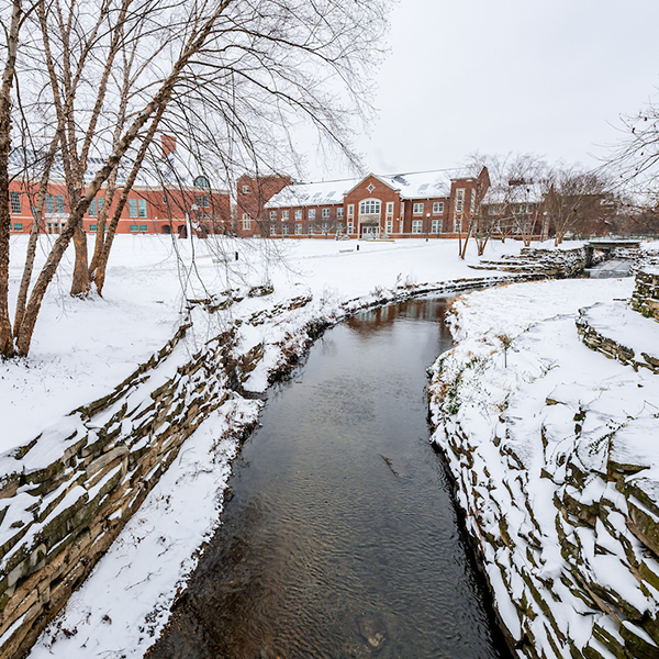 Snowfall shown on the grounds near the Boneyard Creek along the Bardeen Quad.