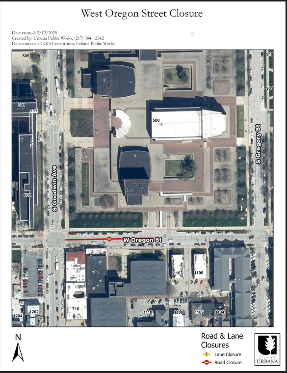 A portion of West Oregon Street closed just south of the Krannert Center for the Performing Arts between Goodwin Avenue and Gregory Street.