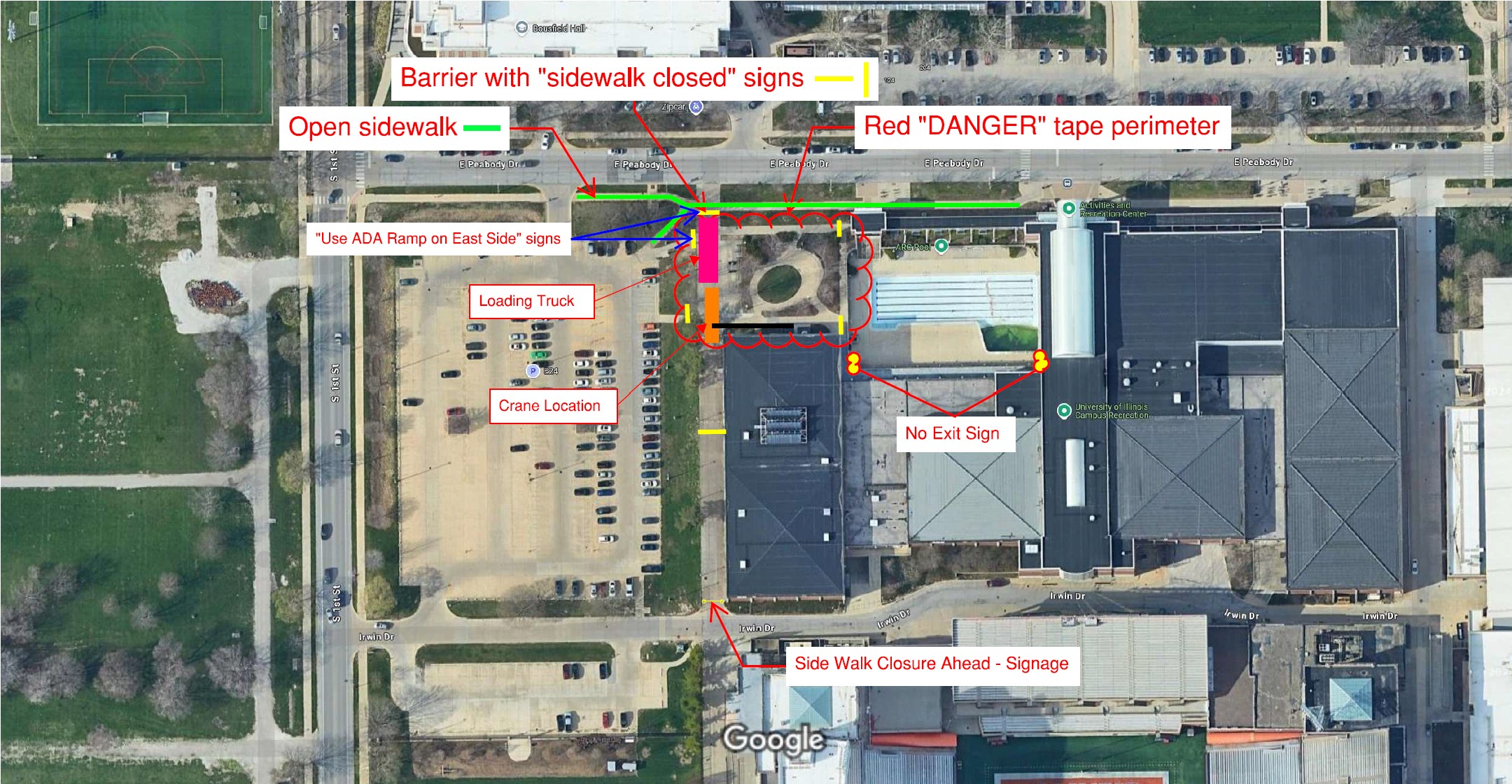 Aerial map that indicates the sidewalk closure in front of the ARC.
