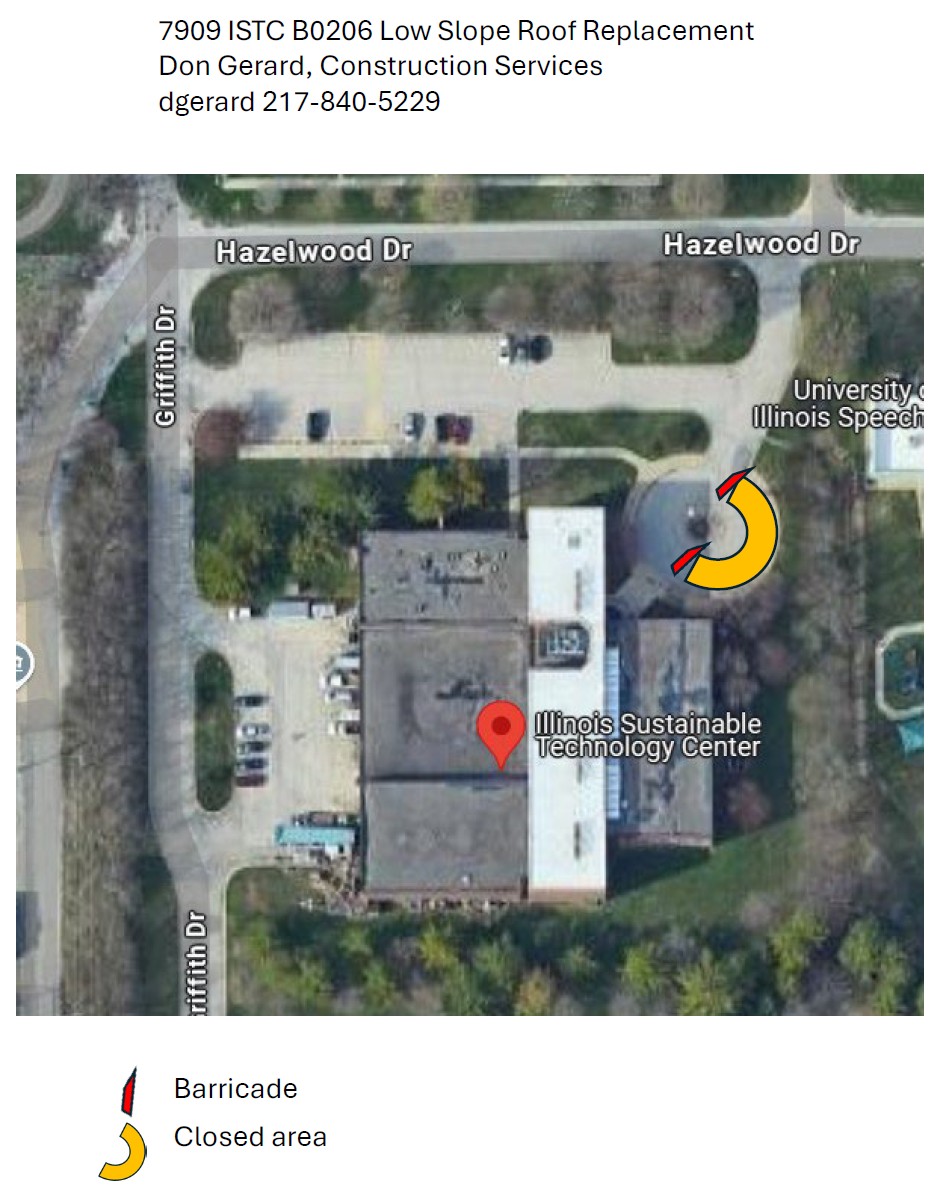 Aerial shows the half circle drive closure on the east side of the ISTC vehicle entrance.