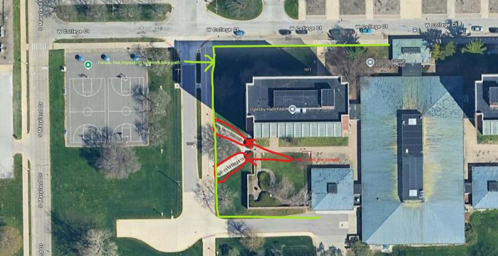 Aerial image of Oglesby Hall shows the two bike rack closures on the facility's west side.