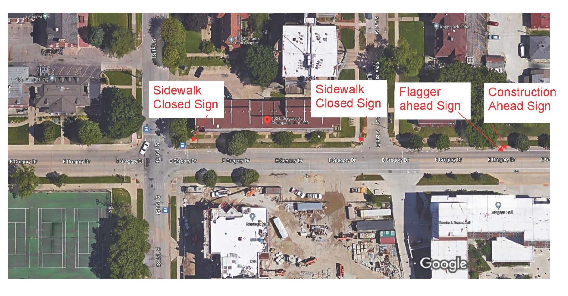 Map of Approved Lane Closure on East Gregory Drive from 7-28-25 to 8-8-25