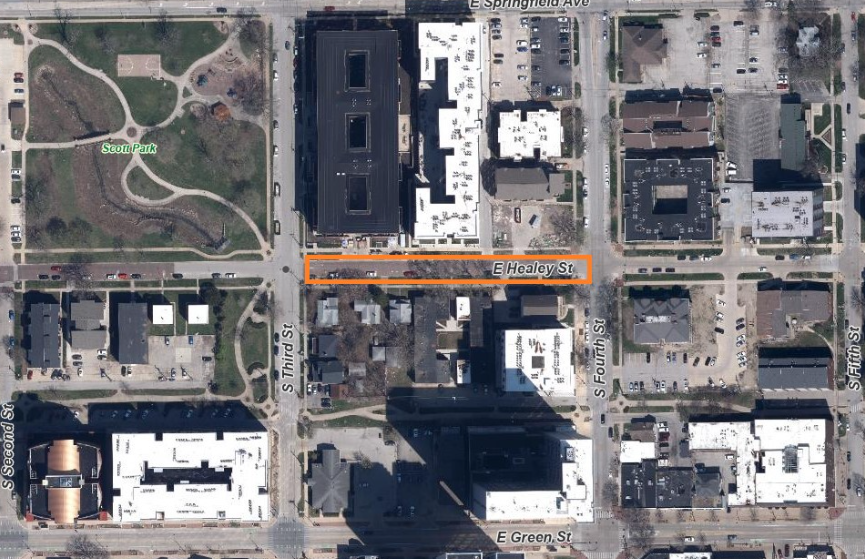 Aerial image of Champaign shows the Healey Street closure from Third Street to Fourth Street