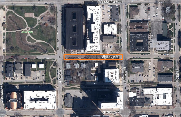 An aerial image shows the Healey Street closure on Friday, July 11, between Third Street and Fourth Street