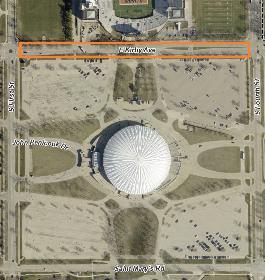 An aerial image highlights Kirby Avenue between First Street and Fourth Street, which will have an eastbound lane closure