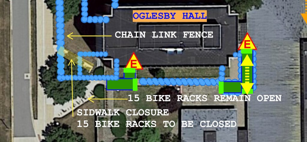 Diagram depicting the closures and construction zones by Oglesby Hall