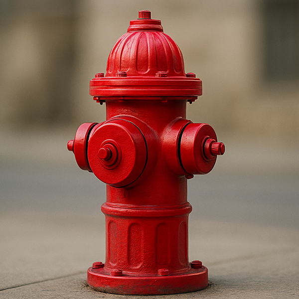A red fire hydrant shown on a city sidewalk with a blurred background.