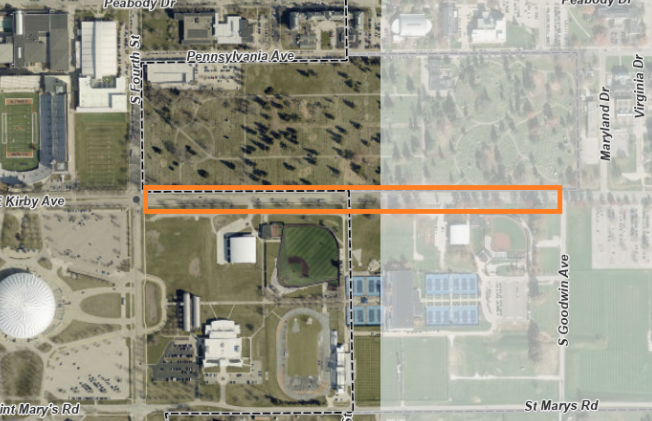 An aerial image shows the eastbound lane closures along Kirby Avenue between Fourth Street and Goodwin Avenue