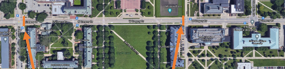 An aerial image of Gregory Street, which will be closed between Sixth Street and the crosswalk before the Morrow Plots.