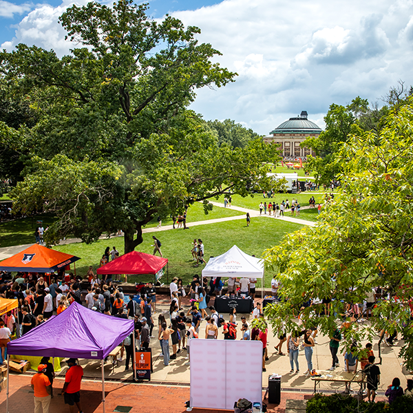 A look at the Main Quad on "Quad Day" where tents are set up on Anniversary Plaza for RSO to show information to new students and other interested parties.