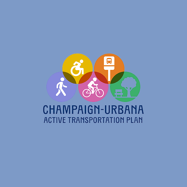 Champaign-Urbana Active Transportation Plan - different color circles with individuals walking, biking, etc.