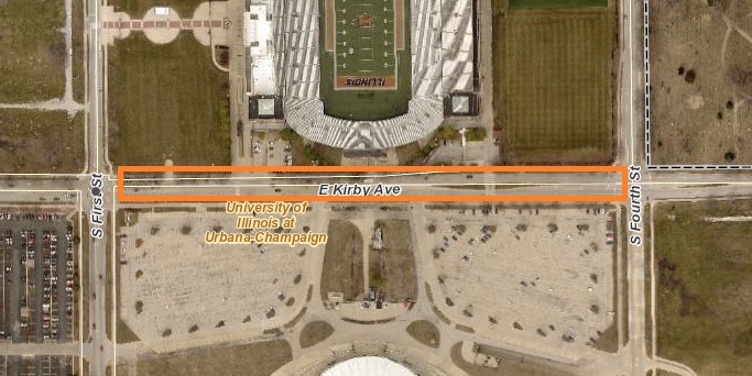 An aerial image shows an orange box around the section of the street that will be closed - the northernmost westbound lane of Kirby Avenue between First Street and Fourth Street