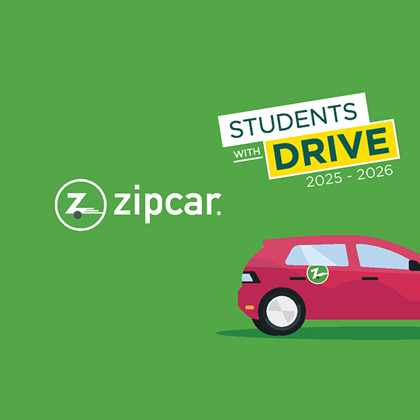 Zipcar's "Student With Drive" competition - a red car is shown driving off to the right side on a green background that features a Zipcar wordmark