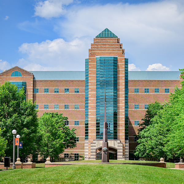 Fall scene of the main entry of the Beckman Institute for Advanced Science and Technology