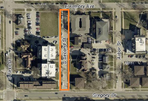 Aerial image shows the Second Street closure from Armory Avenue to Gregory Drive.