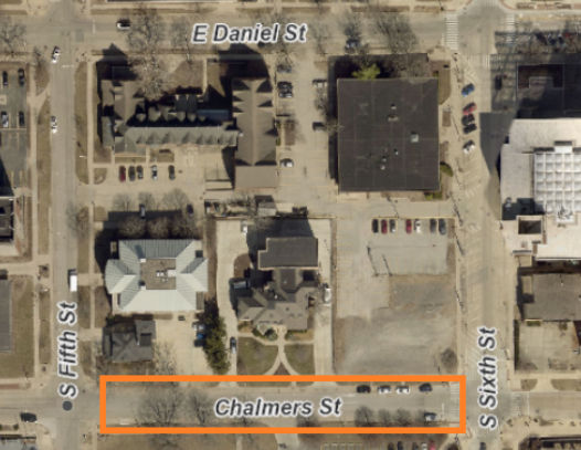 An aerial image shows the construction section that will be closed off on Chalmers Street between Fifth Street and Sixth Street.