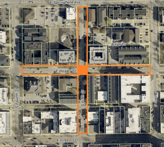 Map aerial shows the following: Fifth Street closed to through traffic between Green Street and Springfield Avenue. Access will be maintained to all local properties. • Healey Street closed to through traffic between Fourth Street and Sixth 