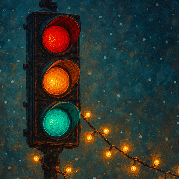 Traffic light with supplemental light strings adorning the installation