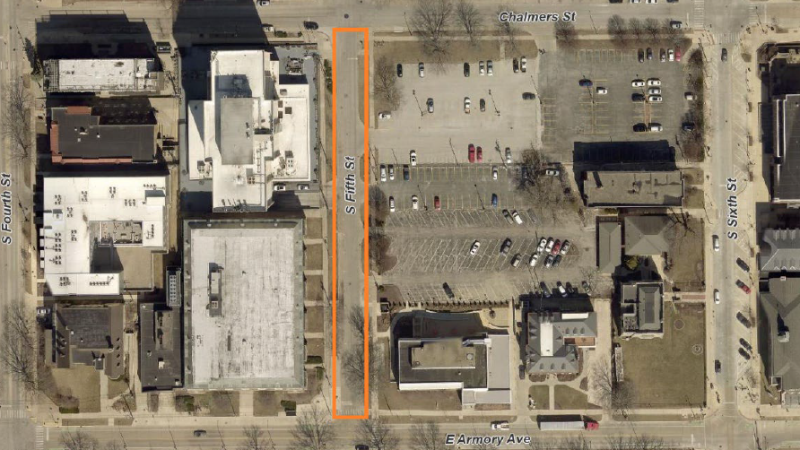 To complete a sewer repair, crews will close Fifth Street between Chalmers Street and Armory Avenue from 7 a.m. on Wednesday, January 7, to 4 p.m. on Monday, January 12, weather permitting. Shown is an aerial view of the closure area