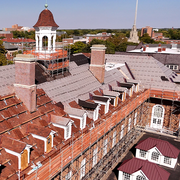 Aerial view of the Illini Union roof showing project work on the facility's north side.