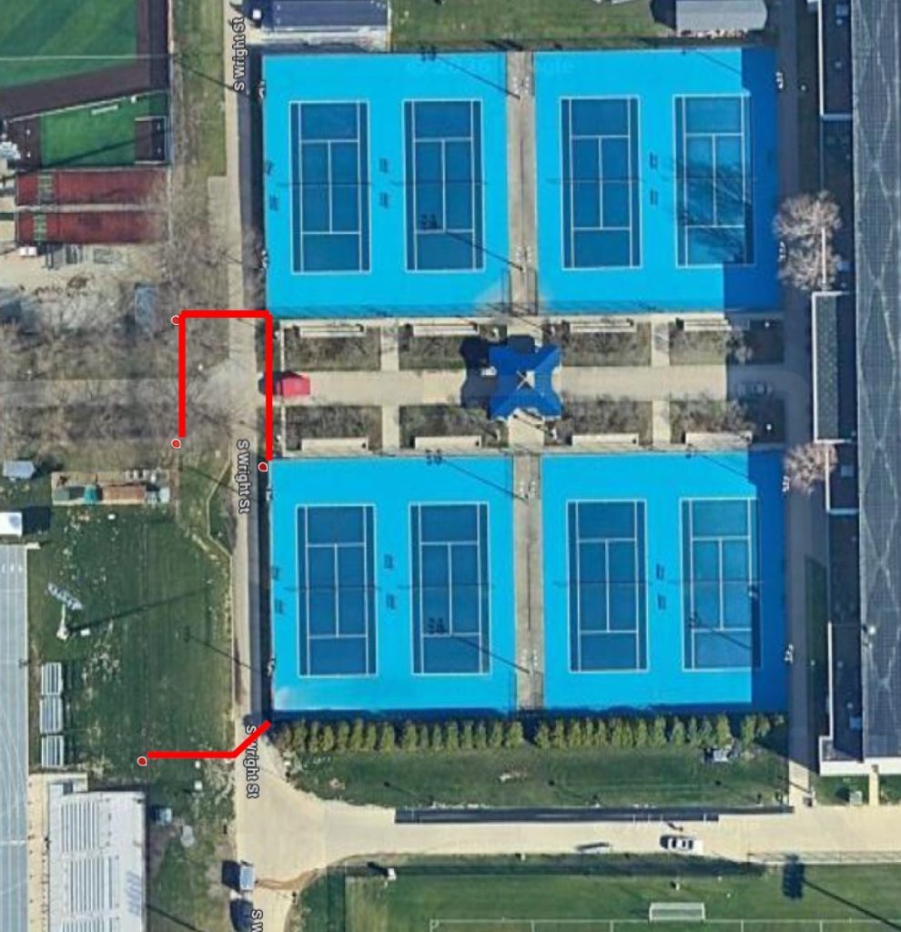 Diagram showing the sidewalk closure between Demirjian Park, Illinois Field, & tennis courts