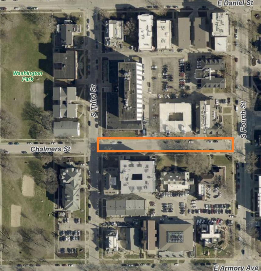 Aerial view of the Chalmers closure, shown from Third Street to Fourth Street