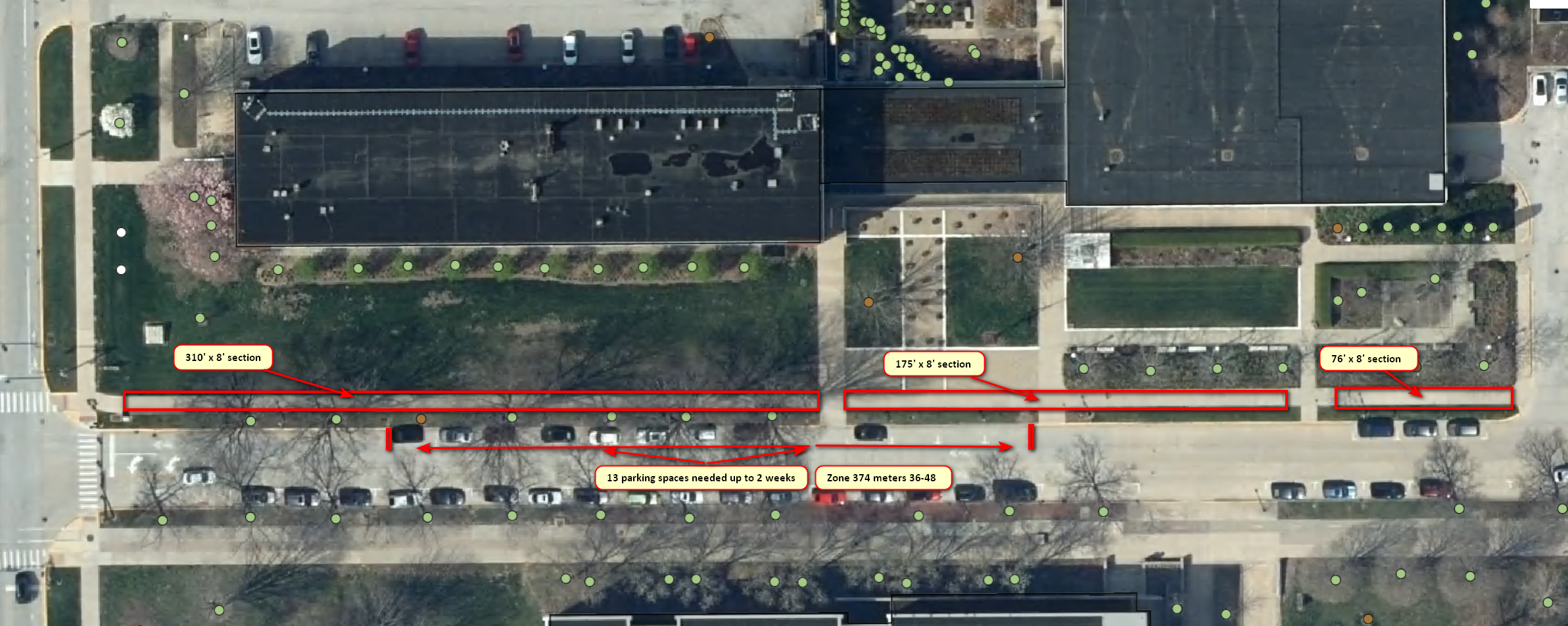 Diagram showing the sidewalk closure for the north sidewalk along Peabody Dr from 4th to 6th St