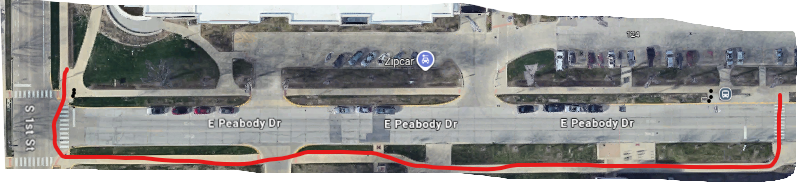 Diagram showing sidewalk access along Peabody Dr from First St to the Activities & Recreation (North Side) MTD bus stop on the south sidewalk 