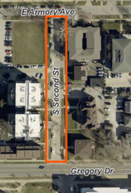 To facilitate construction at 105 E. Armory Avenue, construction crews will close Second Street between Gregory Drive and Armory Avenue from Tuesday, March 31, to Thursday, April 30, 2026, weather permitting.