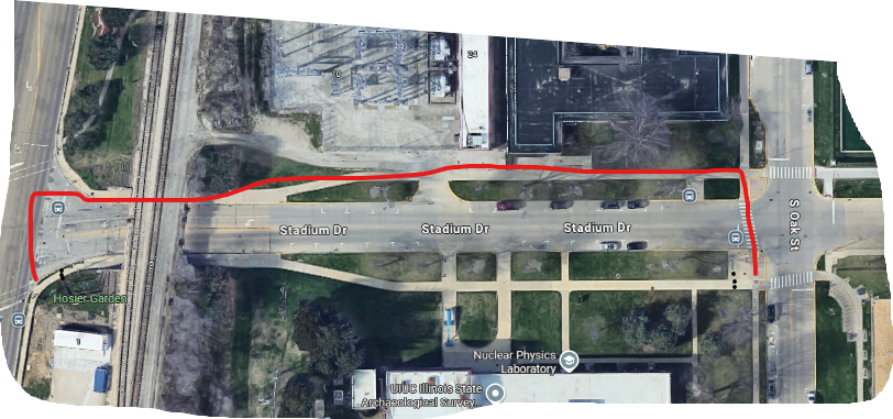 Diagram showing sidewalk access along Stadium Dr from Neil St to Oak St on the north sidewalk 