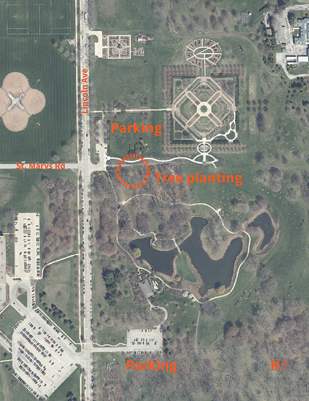 Aerial map that shows the event location at the Arboretum, just southwest of the Hartley Sections Garden.