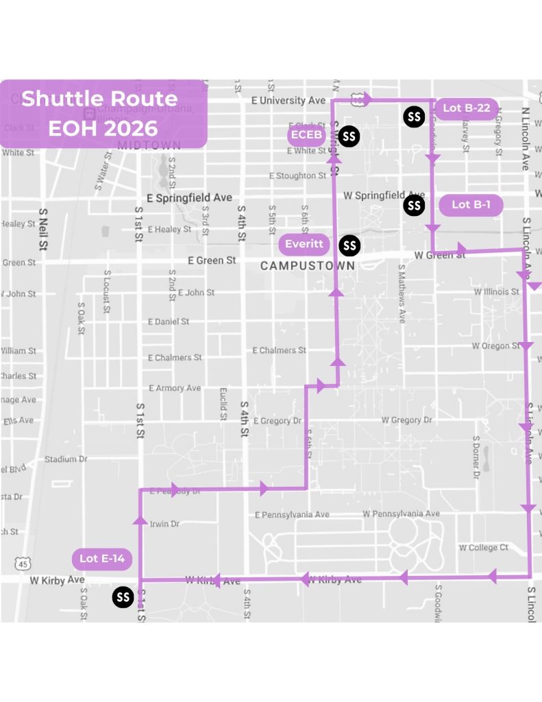 Engineering Open House Parking Map in for the 2026. The map shows an aerial of the route which includes stops at Electrical and Computer Engineering Building Everitt Laboratory Lot B1 Lot B22 Lot E14 