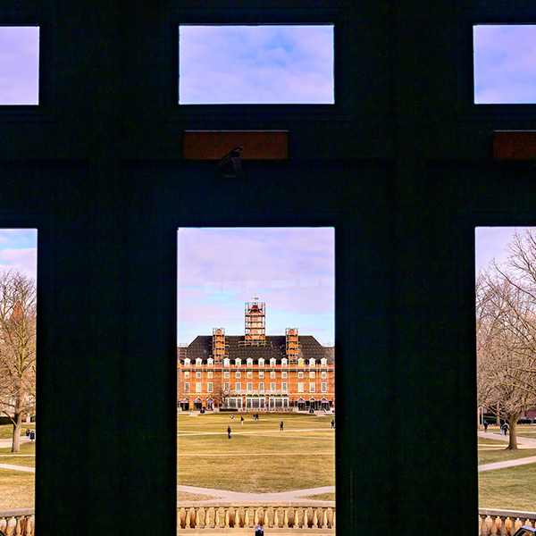 A view from the inside of Foellinger Auditorium looking to the north at the Illini Union.