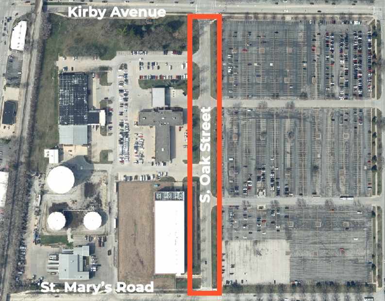 Aerial view of South Oak Street where the work will occur.