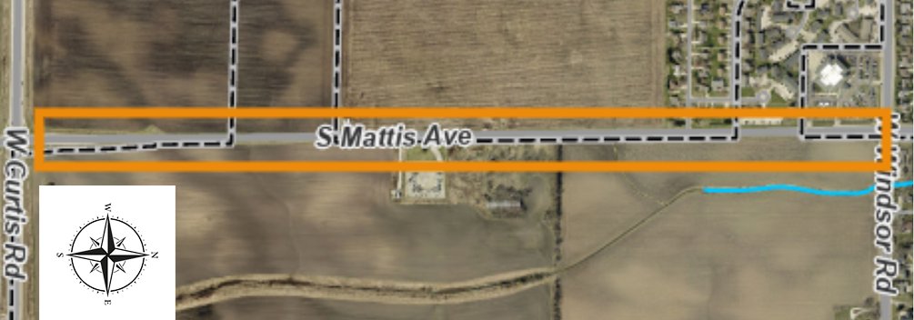 Aerial map of the S. Mattis Avenue closure between Windsor Road and Curtis Road.