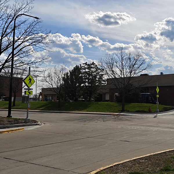 The new crosswalk on South Oak Street between Lot E14 and Garage and Car Pool